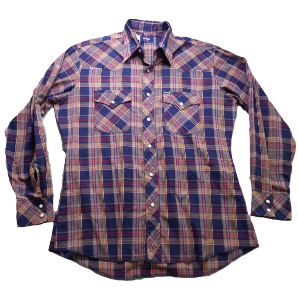 VTG Wrangler Pearl Snap Shirt 80s Western Plaid Cotton Blend Men L Long Sleeves